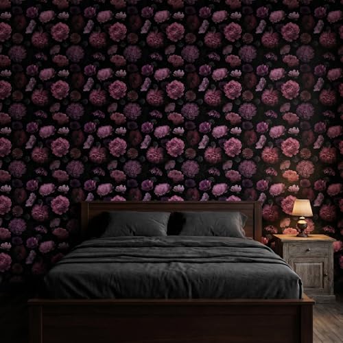 Dark Floral Peony Peel and Stick Wallpaper 17.7in x 124in | Self adhesive removable renter friendly gothic vintage thick vinyl, waterproof purple flowers - color: Deep Purple, size: 17.7" x 124"