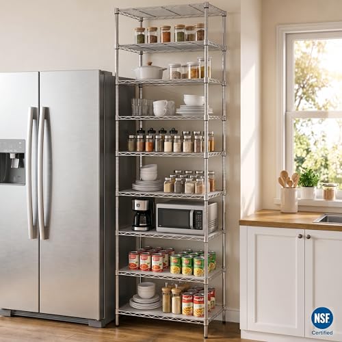 Finnhomy 9-Tier Wire Shelving Unit Adjustable Steel Wire Rack Shelving, 81 Inches Height 9 Shelves Metal Storage Rack, Pantry Shelves for Storage with PE mat, NSF Certified, Chrome - color: Chrome, size: 81 Inches