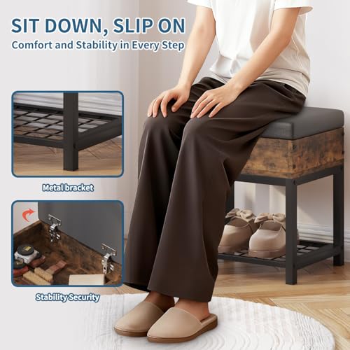 Shoe Storage Bench, Small Ottoman with Storage, Padded Seat, Brown