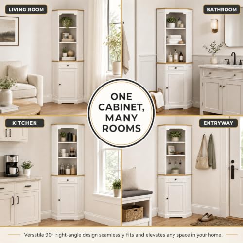 68" Tall Corner Cabinet with Adjustable Shelves | Bar Storage Cabinet with Drawer & Door, Freestanding Wood Corner Bookshelf for Bathroom, Living room, Dining room & Kitchen