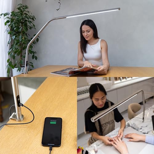 daylight Slimline 4 LED Desk Lamp with USB-C Charging Port - 95+ CRI 6000K Daylight, 3200 Lux, 4 Brightness Levels, Anti-Glare, Adjustable Arm - Sewing, Craft & Nail Salon Lamp (Brushed Steel) - color: Brushed Steel, size: Table Lamp, style: Slimline 4