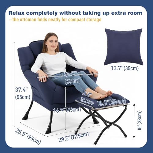 Lazy Chair with Ottoman, Comfy Reading Chair for Bedroom,Navy | Comfy Bedroom Accent Chair with Washable Removable Cover and extra throw pillow for Living Room Dorm - color: Peach Navy-1