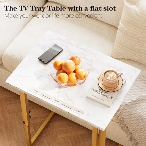 Folding tv Tray Dinner Snack Table,6 Height Adjustable Slide Under Couch Side Table, Portable Small Foldable C-Shaped End Table for Eating with Sturdy MDF Top,No Assembly(White Marble+Gold) - color: White Marble + Gold