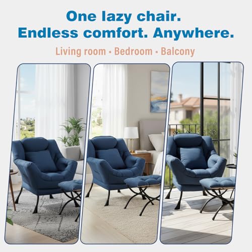 Lazy Chair with Ottoman, Comfy Reading Chair for Bedroom, Blue | Comfy Bedroom Accent Chair with Washable Removable Cover and extra throw pillow for Living Room Dorm - color: Peach Royal Blue