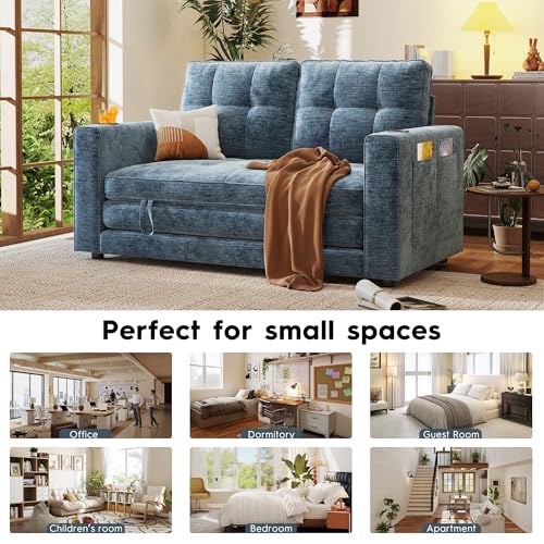 55" Convertible Folding Sofa Bed, Pull Out Couch Love Seat Sleeper Bed, Small Fold Out Loveseat sleeper with Cup Holder and Pillow for Small Space, Bedroom Lounge, Dorm, Living Room(Blue Chenille) - color: Blue