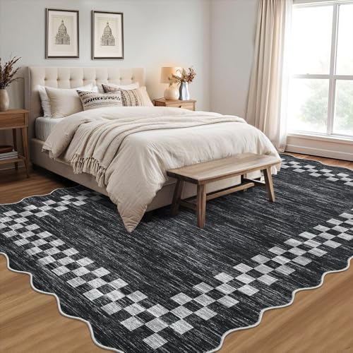 GarveeHome Scalloped Washable Rug 9x12 Area Rug for Living Room Bedroom | Modern Border Large Throw Carpet with Rubber Backing Stain Resistant Rug for Dining Room Home Decor Office, Grey - color: Scalloped Dark Grey, size: 9' x 12' (Rectangular)