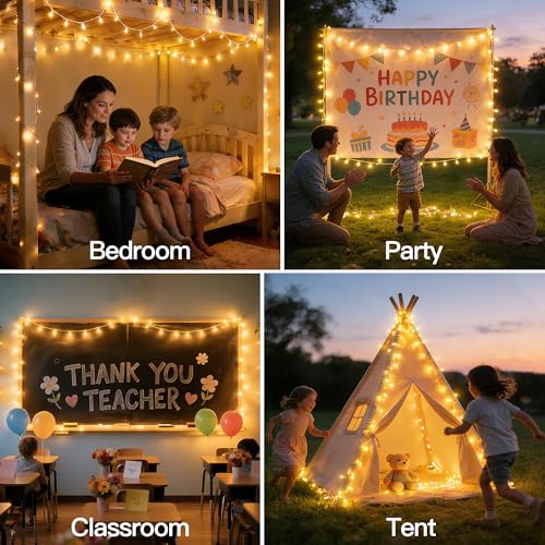 Ollny Fairy Lights Battery Operated 2 Pack, Total 200 LED 66 FT Battery String Lights, Waterproof LED Light with 8 Modes, Bedroom Indoor Outdoor Classroom Party Decorations, Warm White - size: 66 FT