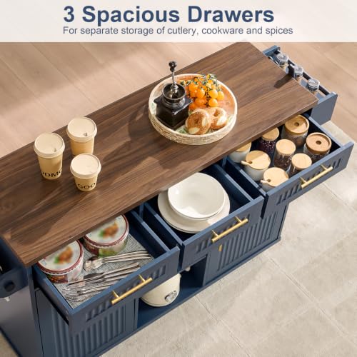 Okvnbjk 57" Rolling Kitchen Island with Storage & Drop Leaf, Navy Blue | Mobile Island with Trash Can Storage Cabinet, Large Island Cart on Wheels with Power Outlet, Spice & Towel Rack - color: Navy Blue