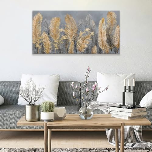Dimpaga Large Canvas Wall Art Decor Grey Boho Aesthetic Feather Canvas Art Wall Decor For Living Room Gold Boho Wall Decor Artwork Modern Wall Decor Artwork For Home Bedroom Office Wall Decor 24×48 In - color: D-01P, size: 48"L x 24"W