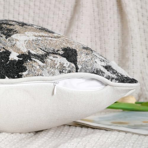 Vintage Floral Throw Pillow Covers 20x20 Set of 2 Neutral Boho Farmhouse Soft Chenille Jacquard Decorative Couch Pillow Covers for Sofa Couch Bed Living Room Home Décor Beige Black - color: Beige Black, size: 20" x 20" (Pack of 2)