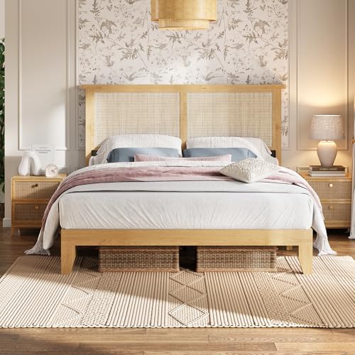 Rattan Bed Frame Full Size with Natural Rattan Headboard, Bohemian Rattan Bed Frame with LED Lights, Solid Wood Foundation with Silent Slats, No Box Spring Needed - size: Full