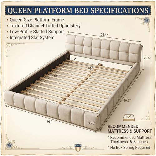 Chenille Fabric Upholstered Platform Bed Frame with Soft Headboard, Modern Low Profile Grounded Design, No Box Spring Needed, Sturdy MDF & Wood Frame, Neutral Style, Beige, Queen - color: Beige, size: Queen (U.S. Standard)