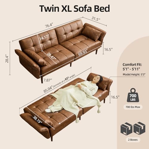 HALLYBEE 85" Futon Faux Leather Couch with Adjustable Armrests Brown | Futon Sofa Bed, Sleeper Sofa, Small Couch with Pillows, Side Pockets, Mid Century Modern, Living Room, Bedroom, Apartment - color: Brown