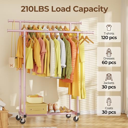 HYSEYY Double Rods Clothes Rack, Sturdy Rolling Clothing Rack, Portable Clothing Racks for Hanging Clothes - Metal Garment Rack Wardrobe Coat Rack for Bedroom Laundry Living Room, Pink - color: Pink