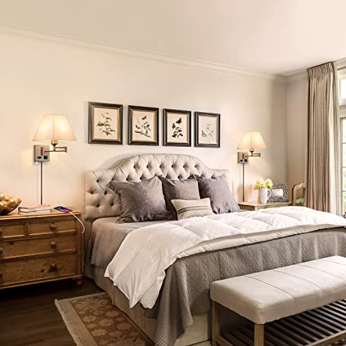 Plug in Wall Light,Swing Arm Wall Sconces with USB Port and Outlet,Wall Lamp with White Fabric Shade Dimmable Switch for Bedroom, Living Room , Office Nickel - color: Sand Nickel