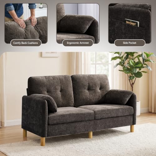 Mid Century Modern Couch, 65" Loveseat Sofa, Brown | Storage Pockets, Upholstered Small Loveseat for Small Spaces, Bedroom, Home Office, Apartments - color: Brown