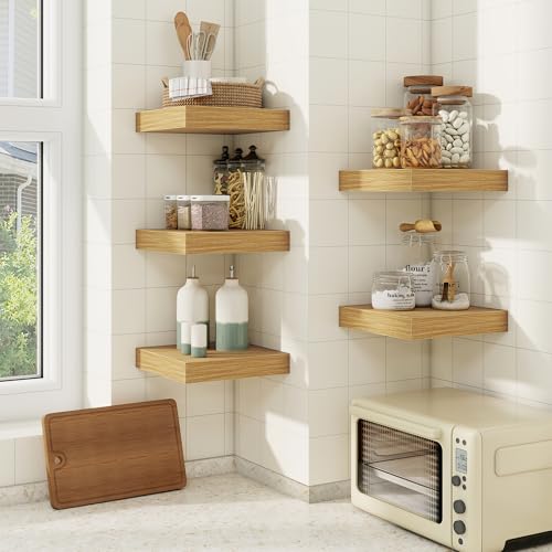 fuqing Floating Shelves for Wall, Wall Mounted Wood Floating Shelf with Invisible Brackets for Living Room, Bathroom, Bedroom, Kitchen Storage and Decor,6.5 Inch Set of 3, Oak - color: Oak, size: 6.5"W x 6.5"D , 3 Pack