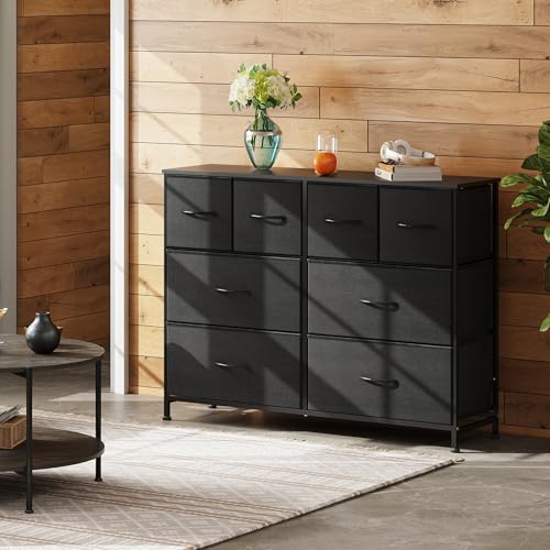 WLIVE Wide Dresser for Bedroom, 8 Drawer Chest of Drawers, Black | 8 roomy fabric drawers, Wide storage design, Bedroom or closet use, Sturdy steel frame, Smooth wood tabletop - color: Black, style: 8 Drawers