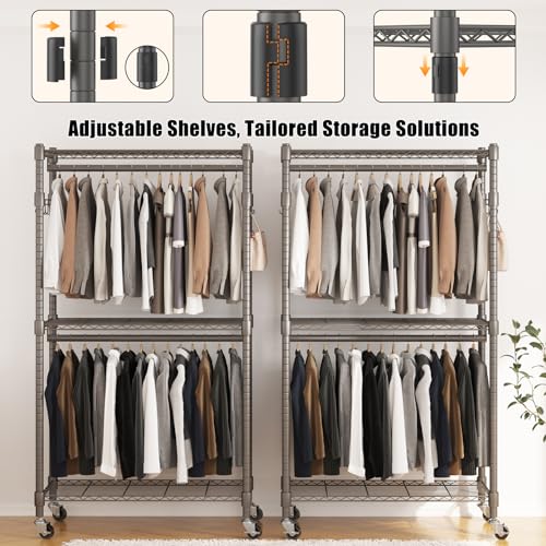 BATHWA Clothes Rack Rolling Narrow 2 tier Garment Rack for Hanging Clothes, Space Saving Portable Clothing Rack with Wheels and Double Rods 8 Hangers, Adjustable, Gray