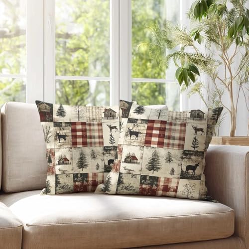 Farmhouse Throw Pillow Covers 18x18 Inches Set of 2 | Rustic Deer Pine Cushion Cases | Cabin Patchwork Print Pillowcases for Living Room Couch Sofa | Winter Holiday Home Decor - color: Deer Pine