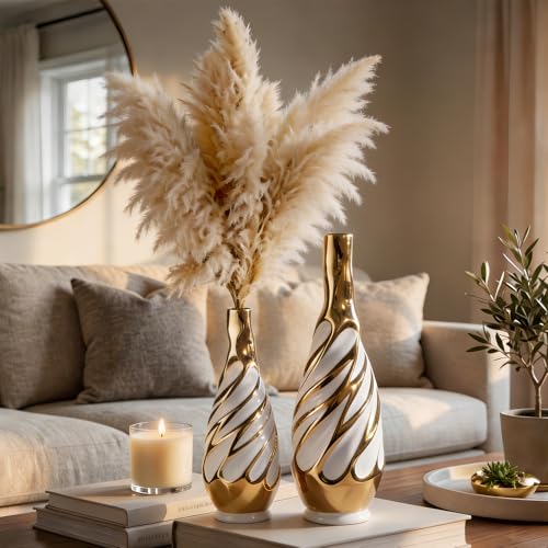 Yundu Gold with White Vase Set of 2 | Pampas Grass Vase, Ceramic, Boho & Modern Centerpieces, Living Room, Shelf, Coffee, Home Decor - color: White With Gold