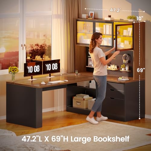 SEDETA L Shaped Computer Office Desk with 3 Wood Drawer and Large Bookshelf | L Shaped Corner Gaming Desk with LED Light, Display Cabinet and Pegboard, 27.5" W Large Desktop Table, Brown - color: Brown