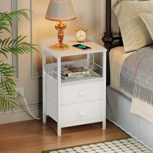 Furologee End Table with Charging Station, Nightstand with Fabric Drawers, Side Tables with USB Ports & Outlets, Night Stand with Storage Shelf & Hooks, for Living Room/Bedroom, White - color: White, size: 1 pc(14.96"D x 11.02"W x 23.62"H)