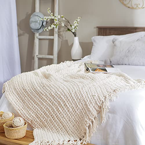 DII Chenille Luxury Thick Woven Throw with Fringe, 50x60, Cream - color: Cream