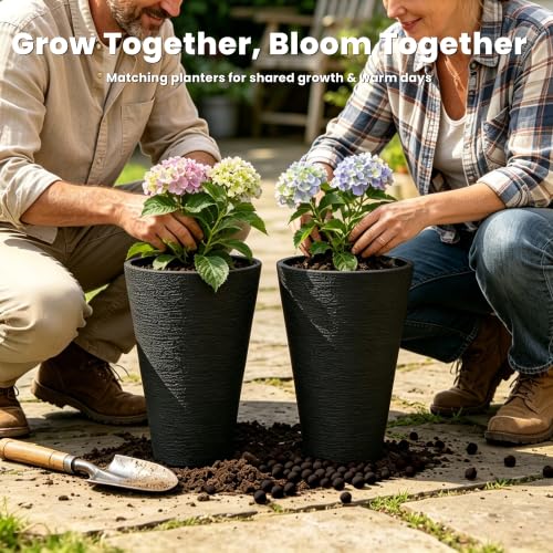 Kante 2-Pack All-Weather 13" H Round Tapered Black Plastic Planters | Tall Set of 2, Lightweight, Indoor & Outdoor Use, Modern Home, Garden, Weather-Resistant, Nursery Pot & Tall Outer Cachepot - color: Brunish Black, size: 13" H