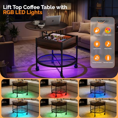 VINGLI 27" Round Lift Top Coffee Table with Wheels & Lights, Walnut | Removable Coffee Table with Hidden Compartment Storage & Metal Shelf, Small Farmhouse Coffee Tables for Living Room, Office - color: Walnut