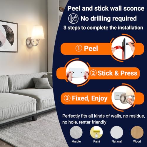 YHCDLAMP Peel and Stick Wall Sconces, No Drilling Stick On Wall Sconce, Wireless Battery Operated Wall Lights, Adhesive Wall Lamp with 10000mAh Battery Bulb for Bedroom Living Room Decor - color: Nickel-10.2inch