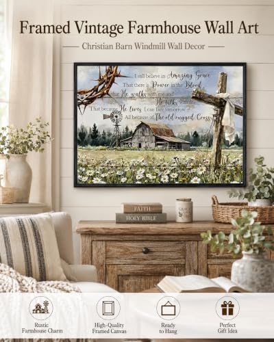 Framed Vintage Farmhouse Wall Art Barn Windmill Wall Decor Cross Canvas Christian Inspirational Quotes Painting Pictures I Still Believe In Amazing Grace Poster Print For Prayer Decor 16x12inch - color: Cross, size: 12"L x 16"W