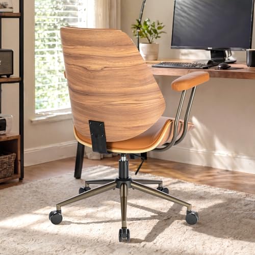 Modern Mid Back Office Chair, Adjustable Swivel Desk Chair with Arms, Brown | Faux leather seat, wood accent detail, mid-back with padded armrests, adjustable swivel, for home office, bedroom & study - color: Brown, size: 1-Piece Back / No Headrest