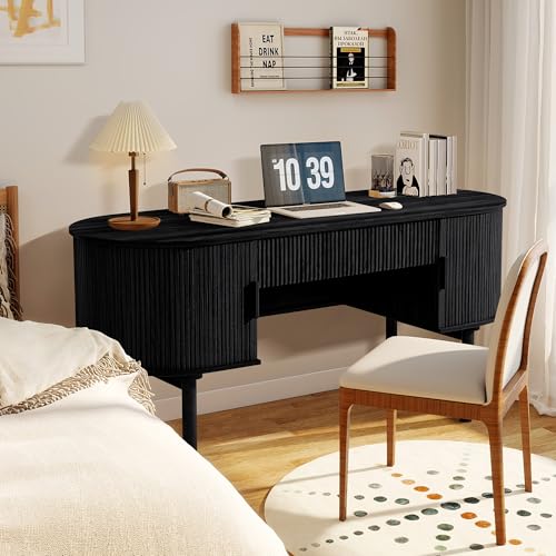 Home Office Oval Desk with Sliding Tambour Door and Drawer, Modern Fluted Wood Executive Computer Storage Desk for Study, Living Room, Bedroom, Office - Black - color: Black