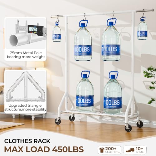 HYSEYY Heavy Duty Clothes Rack Load 450 LBS, Metal Garment Rack, Standing Rolling Clothing Rack for Hanging Clothes with Sturdy Wheels & Shelves, Portable Closet Wardrobe Rack,White - color: White