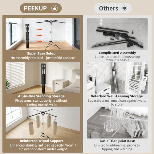Clothes Drying Rack Foldable, Adjustable Height with Fold Button | Stable Tripod Base, Rust-Resistant, Quick Fold Button, Independent Rod Adjustment, Fits 90°/180°/270° Corners