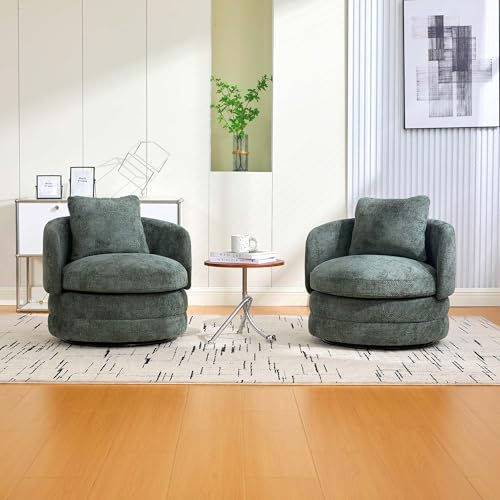 360° Small Swivel Accent Chair, Round Swivel Barrel Chair with Round Backrest & Wide Seat, Comfy Chenille Barrel Chairs for Living Room, Bedroom Easy 15-Min Assembly, Boucle (Green) - color: Green