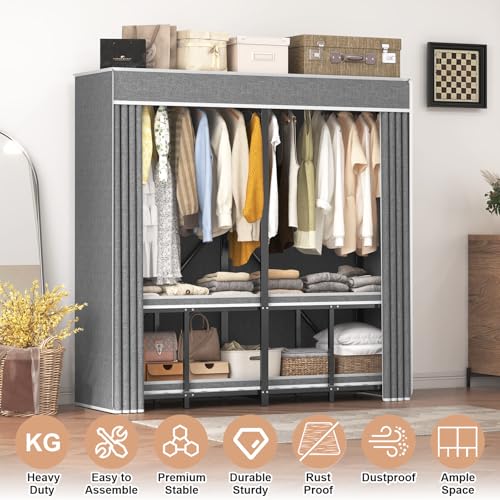 59" Portable Wardrobe Closet with Cover, Heavy Duty Clothes Rack 59" × 20.5" × 68", Foldable Metal Garment Rack for Hanging Clothes, 95% Pre-Assembled - size: 59"*20.5"*68"