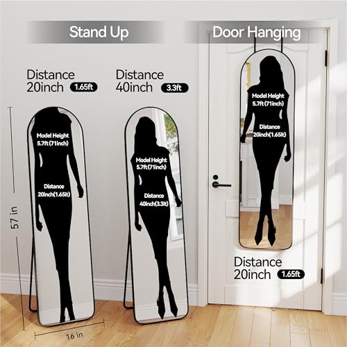57x16" Full Length Mirror Floor Stand,Over the Door,Wall Mounted Black | HD Crystal Clear Tempered Glass,Aluminum Frame,Full Body Dressing Make-Up Mirrors Arch Hang for Bedroom,Bathroom,Living Room - color: Black, size: 57"L x 16"W