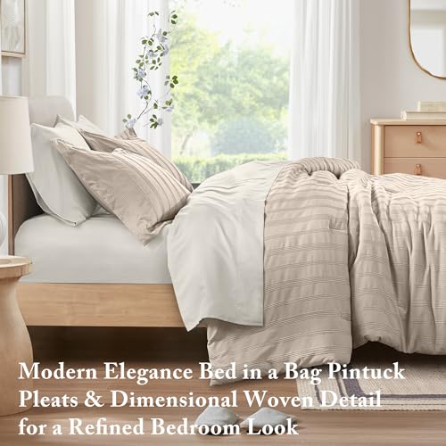 Madison Park Essentials Striped Comforter Set Cal King, 7 Pieces Modern Minimalist Jacquard Bedding Set for All Season, Bed in A Bag with Sheet Set and Soft Brushed Reverse, Lightweight Neutral - color: Neutral, size: California King