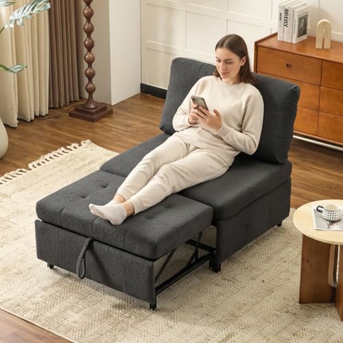 VINGLI Convertible Sofa Bed Tufted Teddy Fleece Sleeper Chair Bed Couch Armless Living Room Chairs with Adjustable Backrest Pull Out Couch Bed for Small Spaces - color: Dark Grey