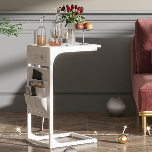 TUTOTAK C Shaped End Table with Charging Station, Side Table for Sofa | Couch Table with Storage Bag, TV Tray with 2 USB Ports and Outlets, Living Room and Bedroom, White TB01BW024 - color: White, size: 1 Pack (11.8"W), style: With Plug