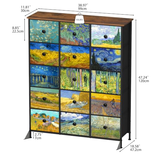 EXOTICA Large Chest of Drawers 15 Drawer Dresser Van Gogh Tall Fabric Dresser for Bedroom Living Room Entryway Closet with Sturdy Metal Frame and Wooden Top - size: Large 15 Drawers