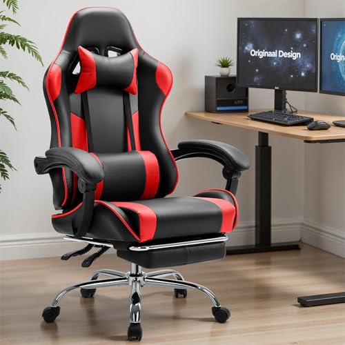 Sweetcrispy Gaming Chair, Ergonomic Computer Desk Chair, Lumbar Support | High Back PU Leather, Adjustable Headrest Footrest, Racing Video Office Home, Red - color: Pu Red
