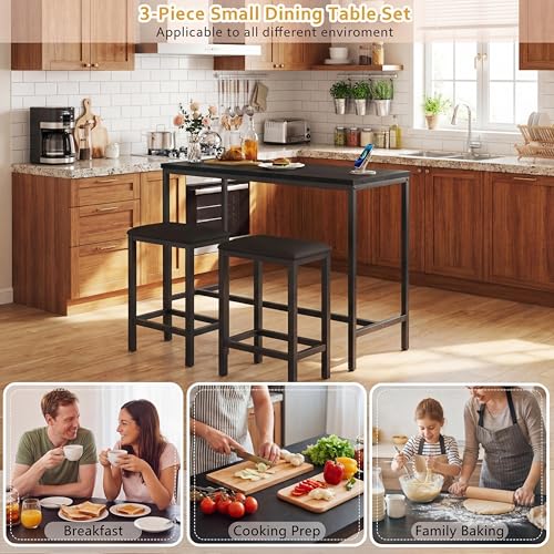 Bar Table and Chairs Set, 63'' L-Shaped Bar Table with 2 Stools, Counter Height Kitchen Table with Built-in Power Outlets, Left/Right/Straight Convertible Design, Faux Leather Upholstered Seating - color: Black