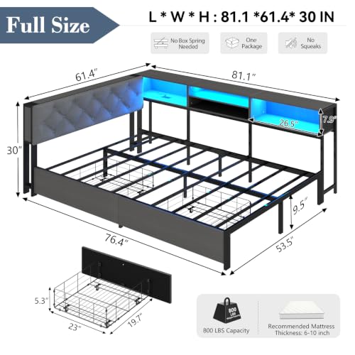 Full Corner Bed Frame with Storage Headboard and Bookcase, Full Size Metal Platform Bed Frame with LED Lights and Charging Station, Upholstered Daybed with 2 Drawers for Kids Teens, Vintage Brown - color: Dark Gray, size: Full