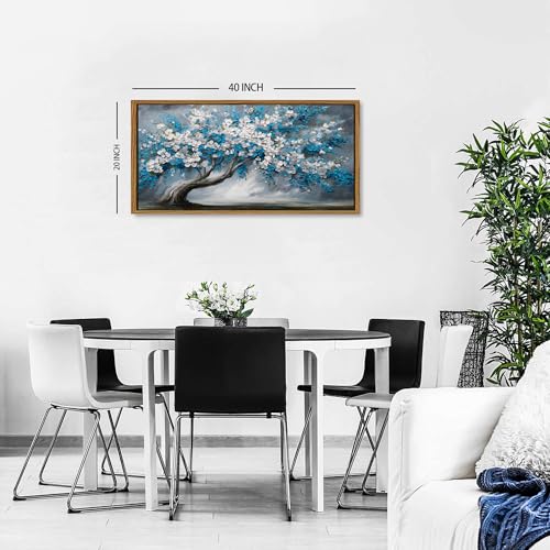 Blue Tree of Life Wall Art Framed Bedroom Decor Abstract White Daisy Flower Picture for Living Room Colorful Botanical Canvas Print Nature Floral Painting Modern Artwork Bathroom Home Decoration 20x40 - color: Blue White Tree, size: 20"L x 40"W