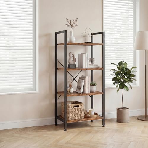 DUMOS 4-Tier Bookshelf, Tall Bookcase, Storage Organizer | Open Storage Display Shelf for Living Room, Bedroom, Home Office, Narrow Standing Shelving Unit for Books, CDs, Décor Brown - color: Rustic Brown, size: 4 Tier
