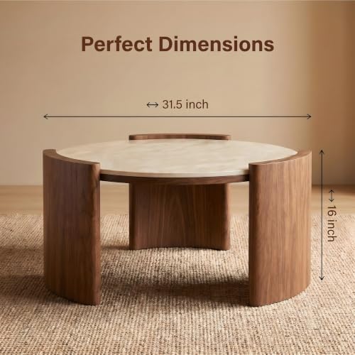 KEIKI 31.5" Round Sintered Stone Coffee Table, Glossy Travertine Look Center Table with Thick Slab Legs, Modern Circular Cocktail Table for Living Room, Apartment, Walnut Yellow - color: Walnut Yellow
