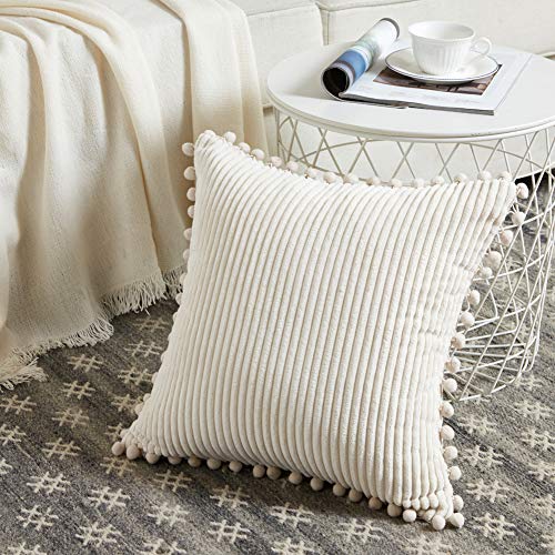 Fancy Homi Pack of 2 Boho Decorative Throw Pillow Covers with Pom-poms, Soft Corduroy Accent Solid Square Cushion Case Set for Couch Sofa Bedroom Car Living Room (18x18 Inch/45x45 cm, Cream) - color: Cream, size: 18" x 18" (Pack of 2)